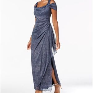 Cold-Shoulder Draped Metallic Gown 🤍